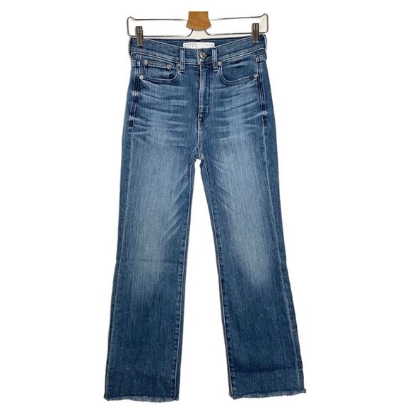 AYR Medium Blue Straight Leg The Pop Frayed Raw Hem Jeans 33 - Picture 4 of 14